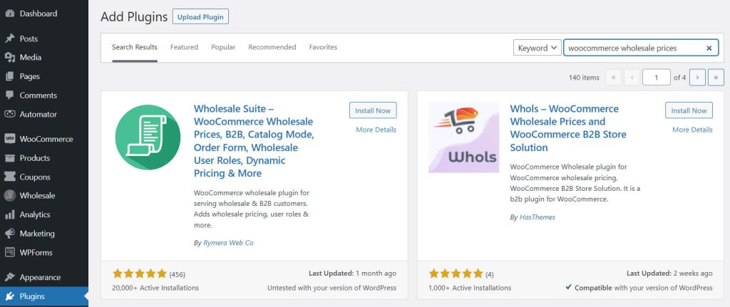To set wholesale pricing in WooCommerce, you must first download, install, and activate the free WooCommerce Wholesale Prices plugin.
