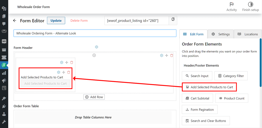 Creating an alternate look for your wholesale ordering form may involve using the Add Selected Products to Cart element.
