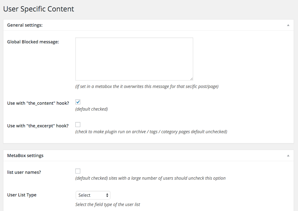 User Specific Content Settings