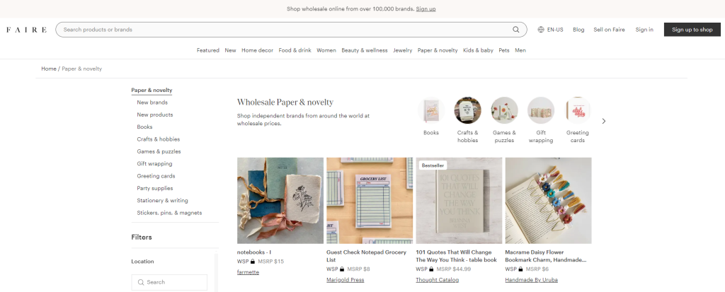 Screenshot of Faire wholesale website, featuring novelty and paper products. 