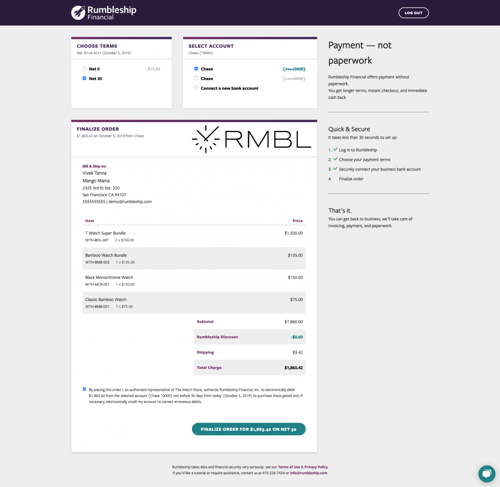 Rumbleship financial wholesale invoice with terms