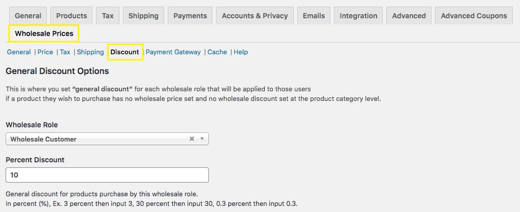 The Discount settings in WooCommerce. 