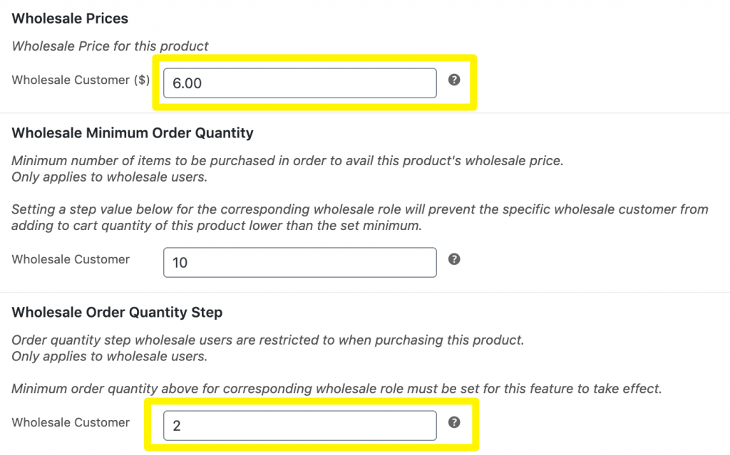 Product wholesale price and wholesale order quantity step settings.