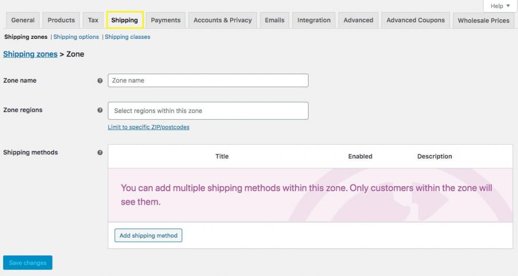 The Shipping tab in WooCommerce.