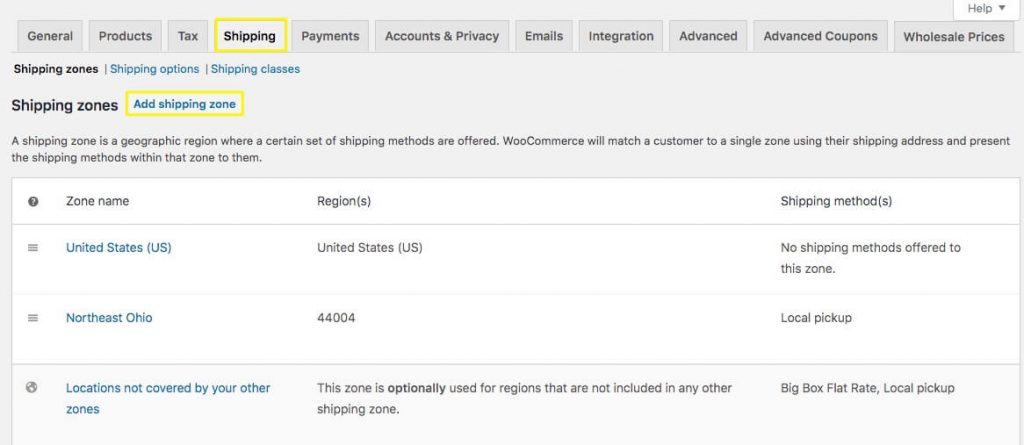 Adding a shipping zone to WooCommerce. 