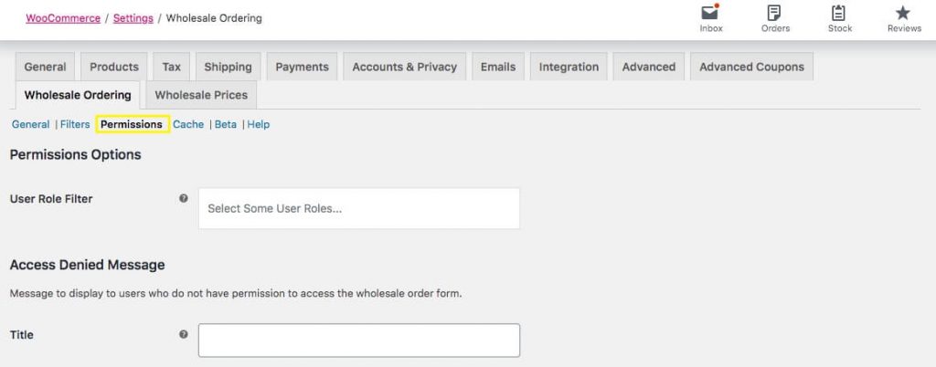 Setting permissions for access to the Wholesale Order Form. 