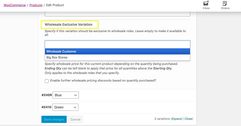 Setting the Wholesale Exclusive Variation option in WooCommerce. 
