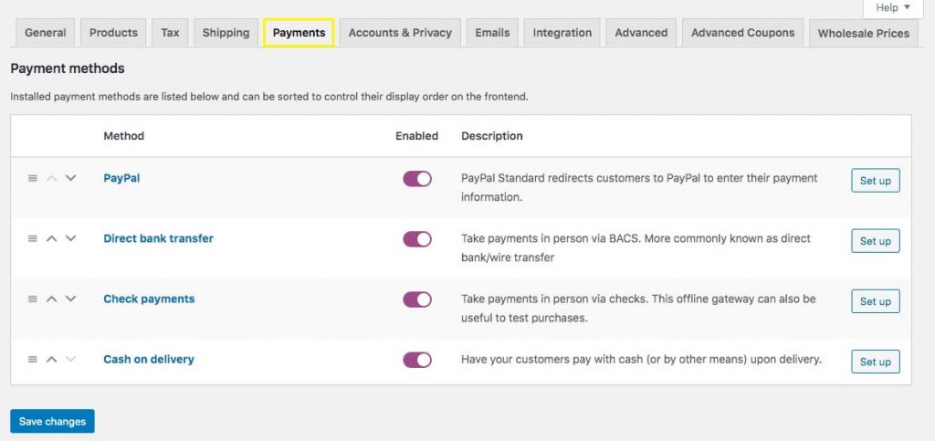 Payments settings menu in WooCommerce. 