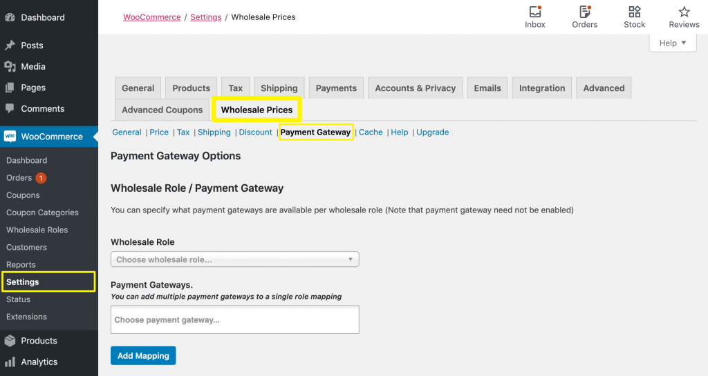 Accessing WooCommerce Wholesale Prices surcharge fees settings.