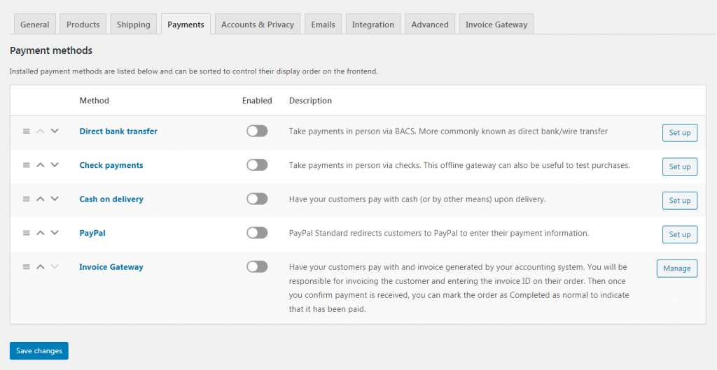 Payment gateways in WooCommerce.