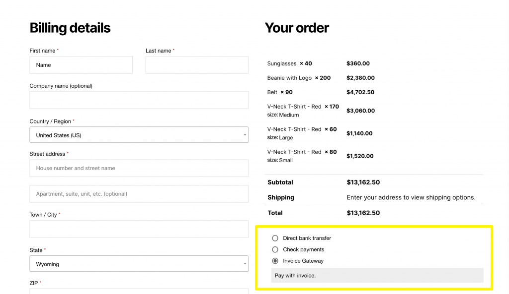 Wholesale payment gateways on the checkout page.