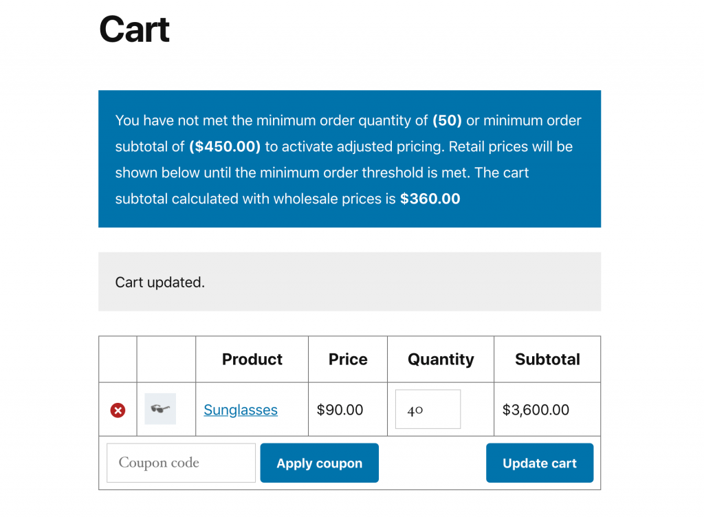 A cart message stating that the customer has not met the minimum wholesale order requirements.