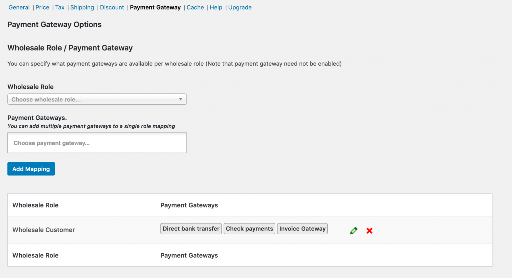 A WooCommerce Wholesale Prices payment gateway mapping.
