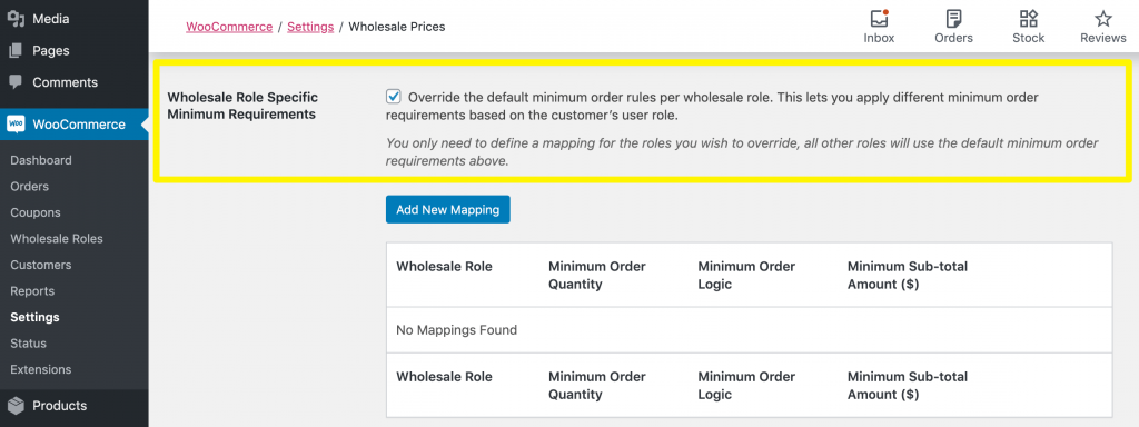 The wholesale role specific minimum requirements setting.