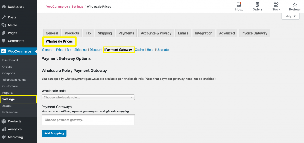 Accessing the WooCommerce Wholesale Prices payment gateway settings.