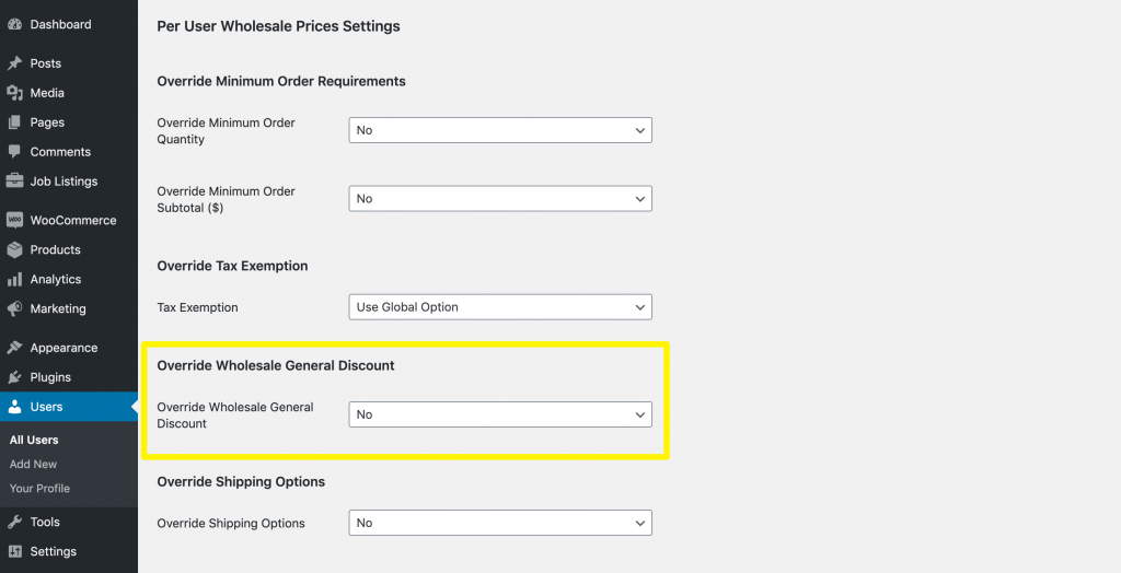 Wholesale General Discount settings for wholesale users in WooCommerce.