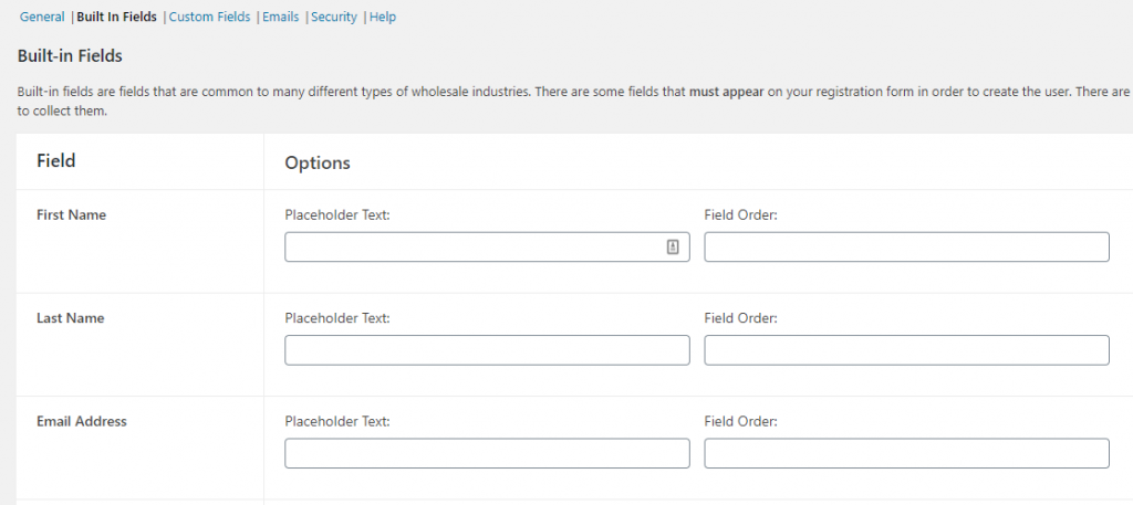 Configuring your wholesale signup built-in fields.