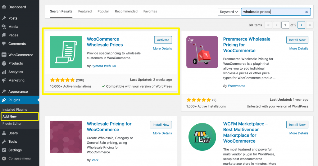 Installing WooCommerce Wholesale Prices.