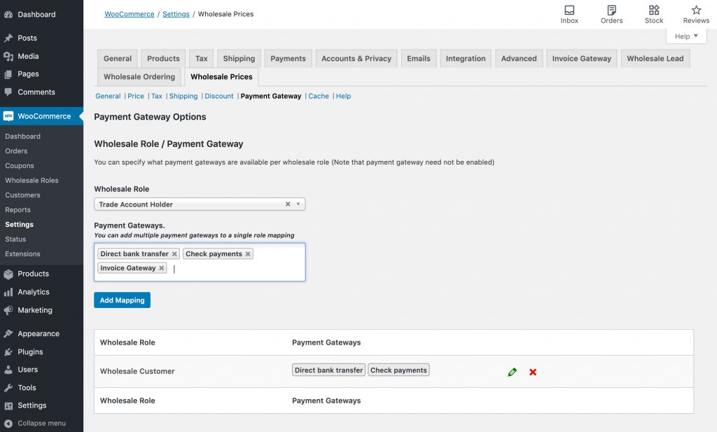 Enabling WooCommerce trade account payment methods.