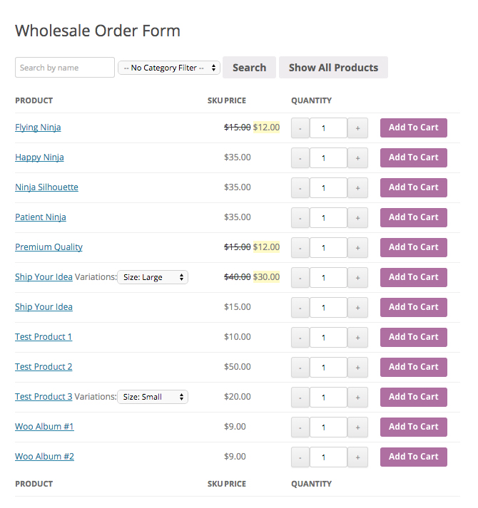 Wholesale Order Form standard view.