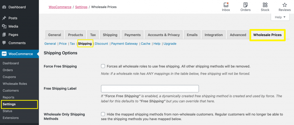 The Wholesale Prices shipping settings.
