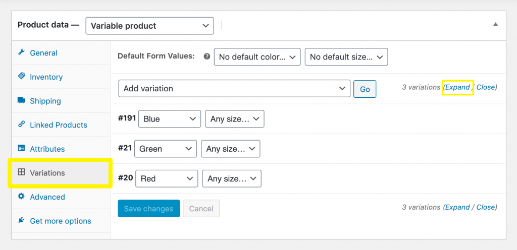 The WooCommerce product variation settings.