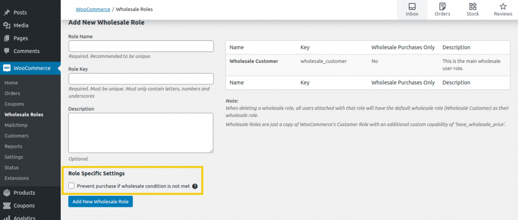 The Role Specific Settings checkbox.
