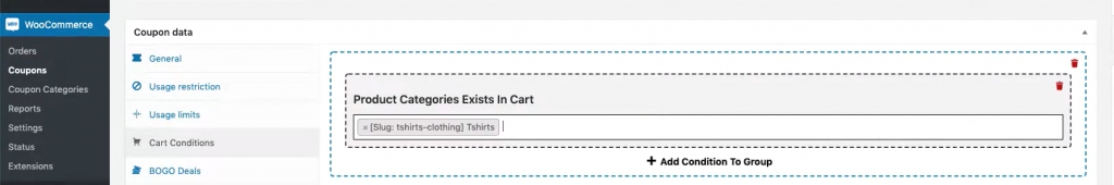 Setting cart conditions to apply category discounts in WooCommerce.