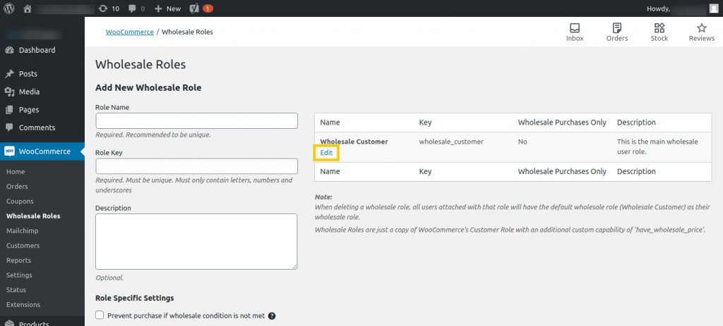 The Wholesale Roles screen in the WordPress dashboard.