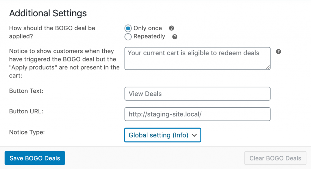 WooCommerce Advanced Coupons BOGO deal additional settings.