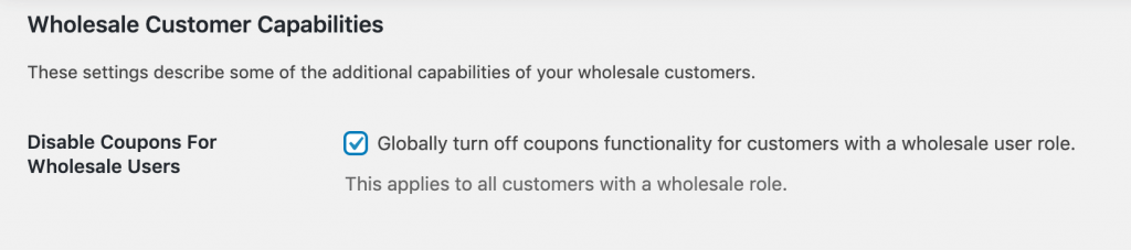 The Disable Coupons for Wholesale Users setting.