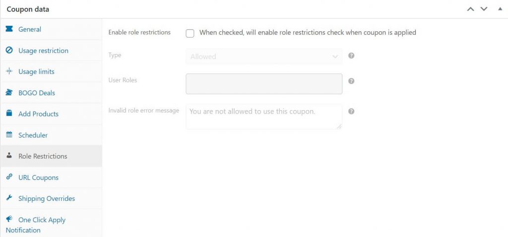 The Role Restriction settings for WooCommerce Coupons.