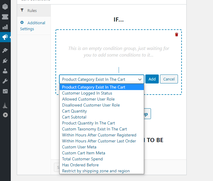 Configuring cart condition options