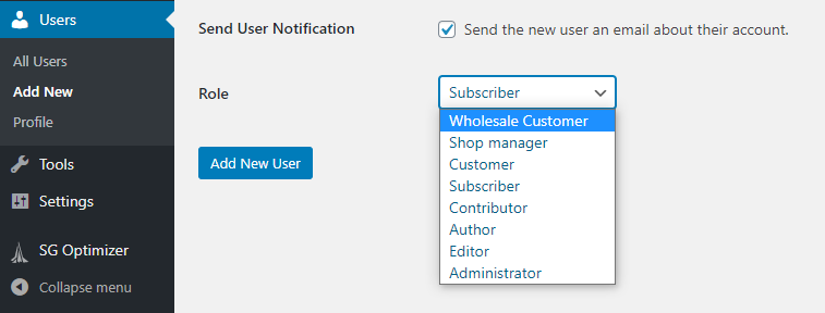 The wholesale customer user role