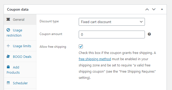 Configuring a free shipping coupon in WooCommerce