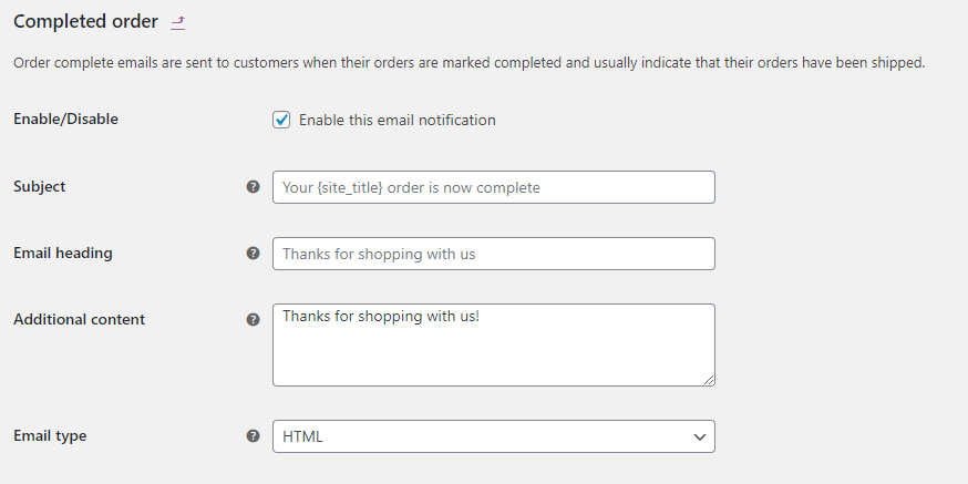 A completed order email in WooCommerce
