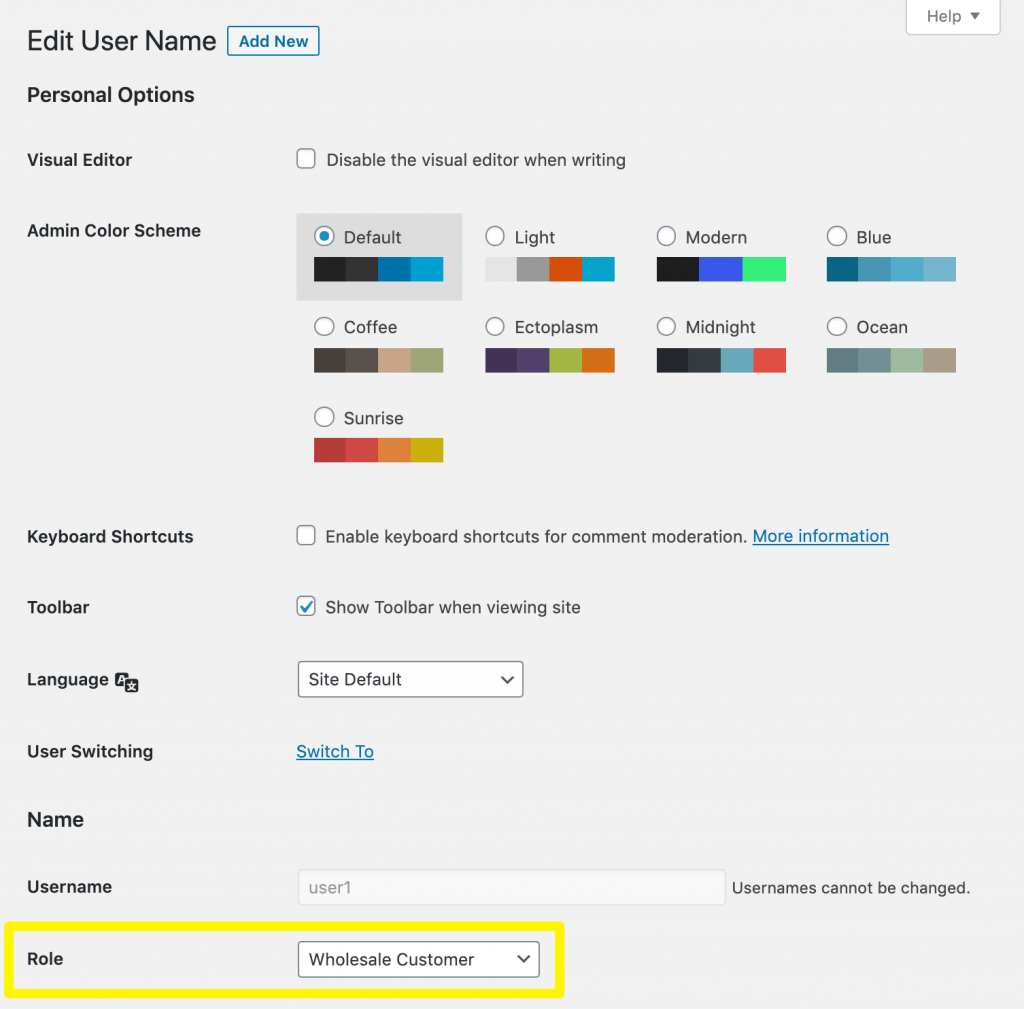 Editing a user account to change the role to Wholesale Customer.