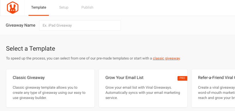 The screen to select a giveaway template in the RafflePress plugin.