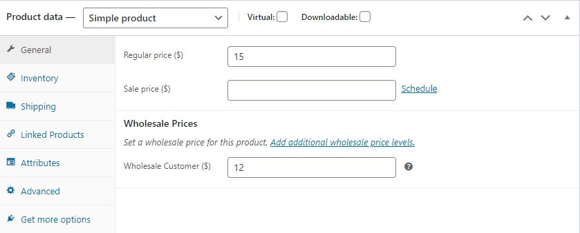 A screenshot of the price-setting page, demonstrating how to apply different prices for WooCommerce B2B and B2C customers.