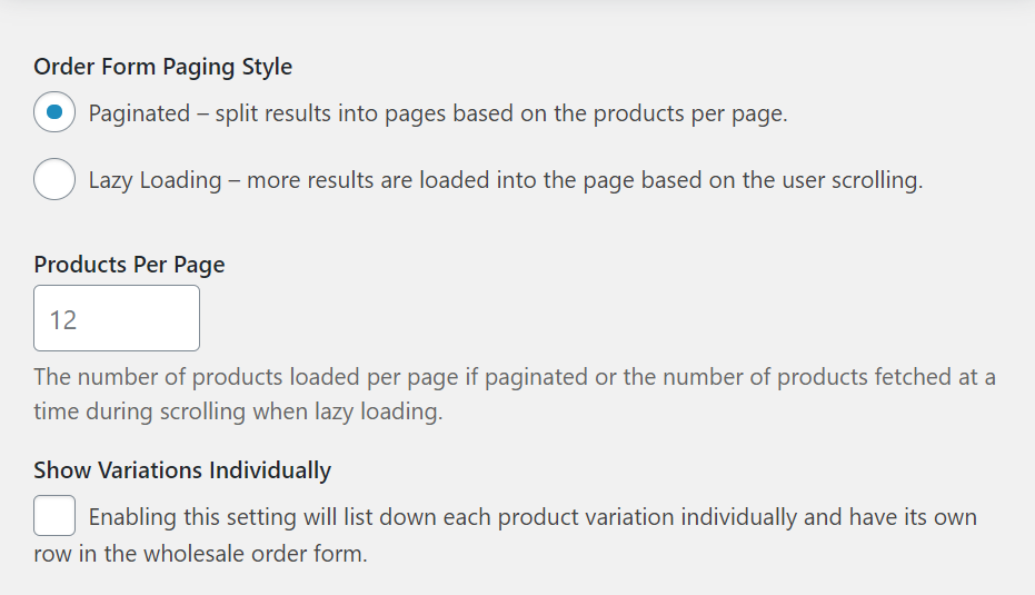 Selecting what type of order form paging styles to use