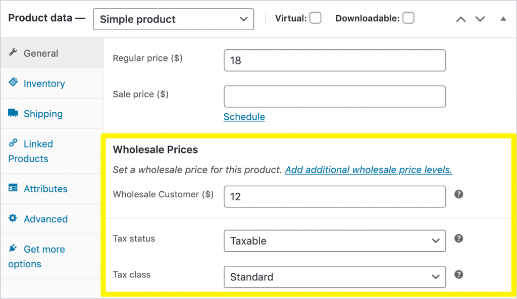 The Wholesale Prices options in the product data settings.