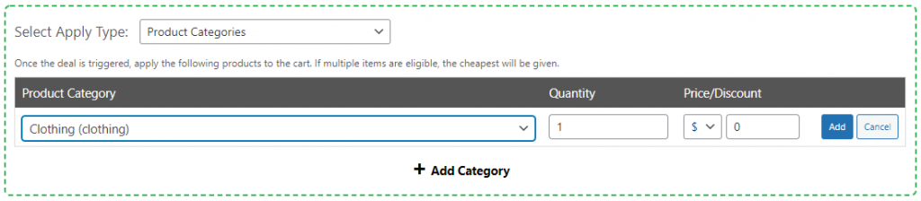 Setting the Apply Type to Product Categories.