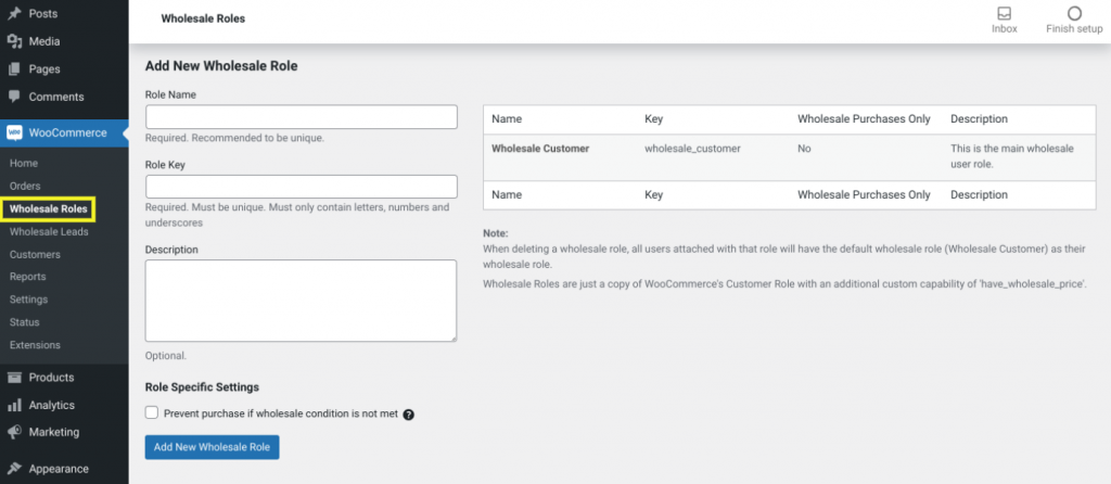 The Wholesale Roles screen in the Wholesale Prices plugin.