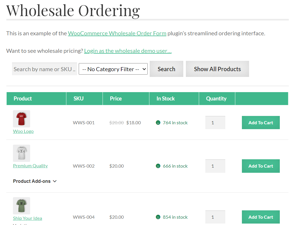 Online wholesale price list example