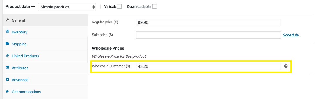 Wholesale Prices extension price edit screen in WordPress