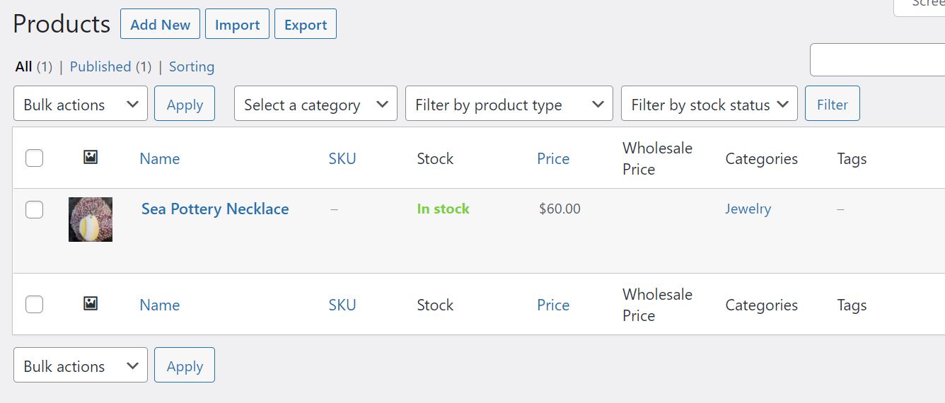 The product list in WordPress.