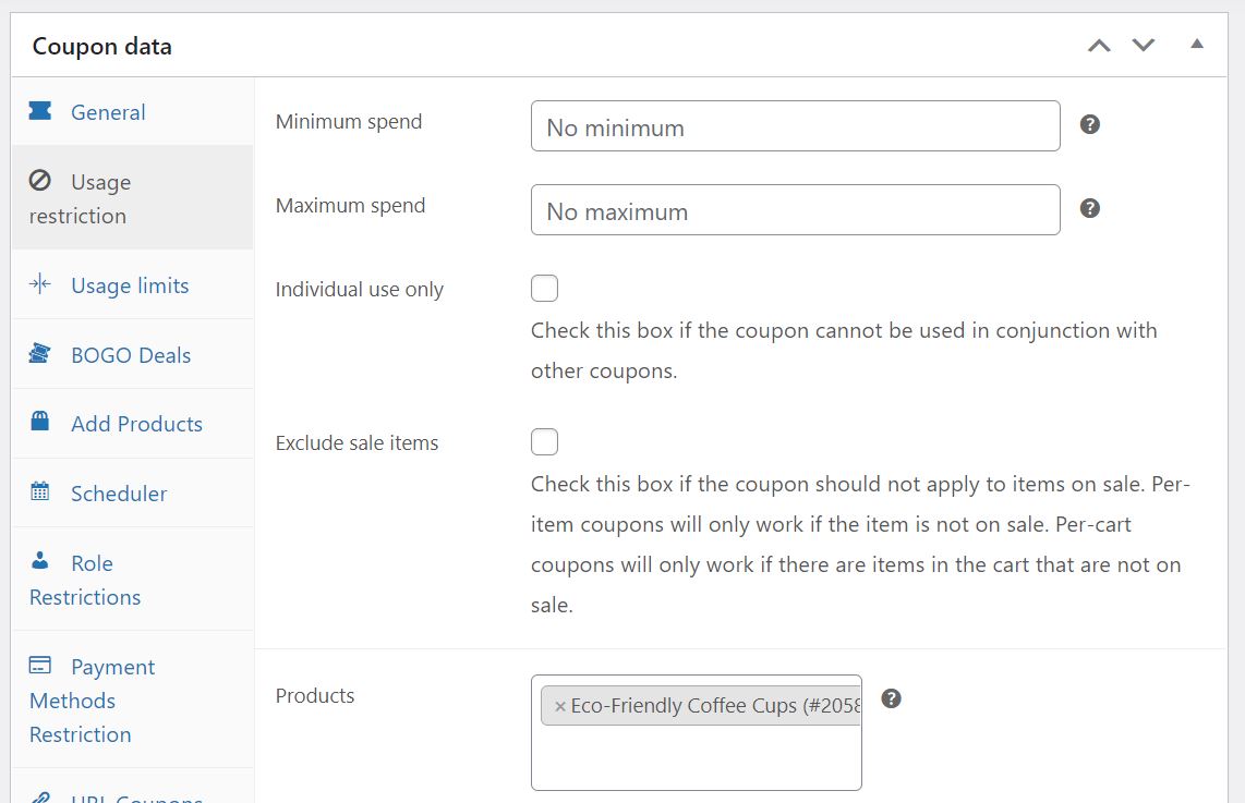 Selecting the products to include in the coupon code.