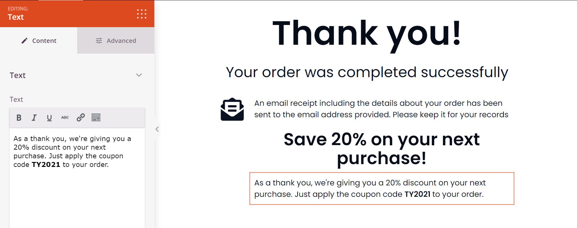 Adding the coupon code to your custom WooCommerce thank you page.