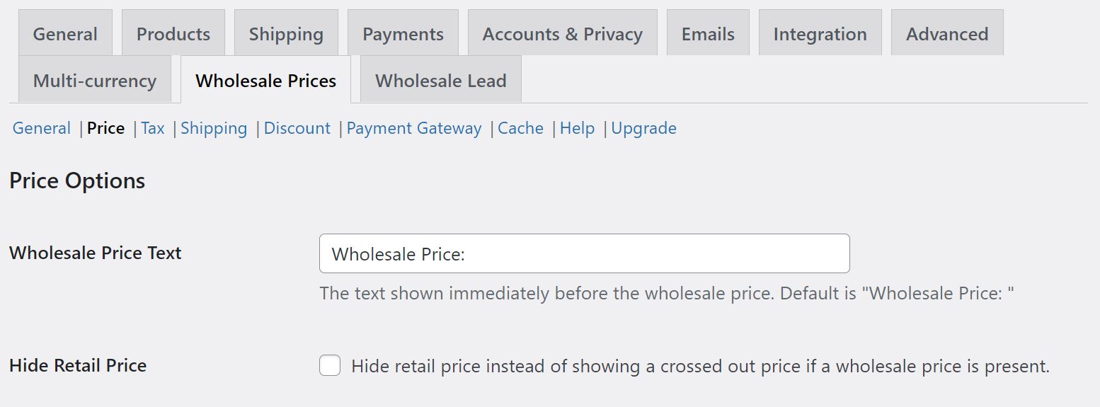 The Price Options in WooCommerce Wholesale Prices.