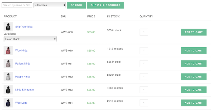 An example of a one-page WooCommerce product list